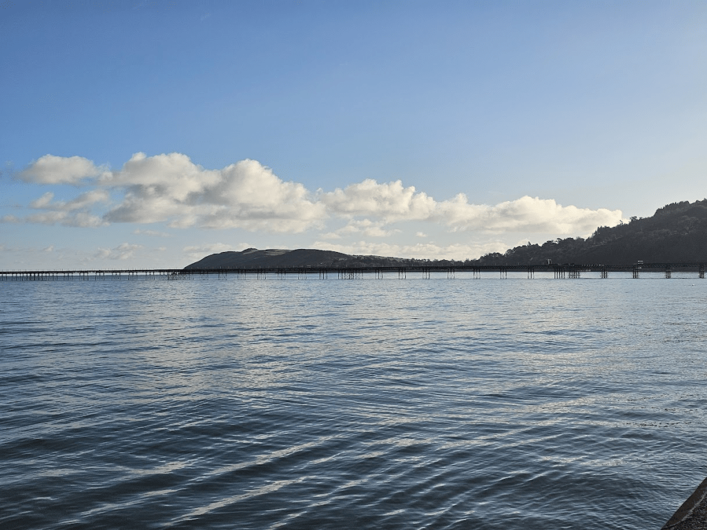 seaside picture looking out over a pay on a sunny day. Pier in the distance. 